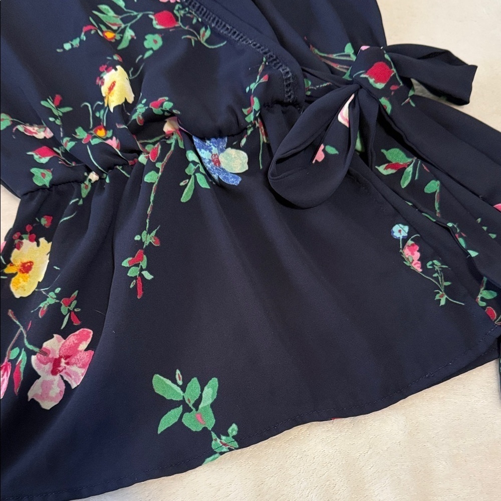 Sienna Sky Navy Blue Multicolored Floral Print Faux Wrap Top - Picture 10 of 11